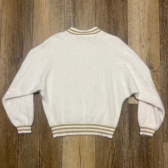 VTG Rafaella White Gold Trim Angora Wool Fuzzy Sweater M Luxury Classic Timeless - Picture 4 of 6